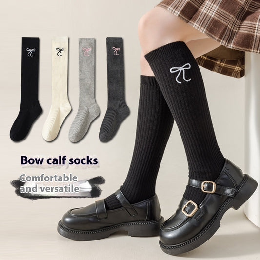 Bowknot Embroidery Stockings Preppy Style Calf Socks Children's High-top Cotton Socks