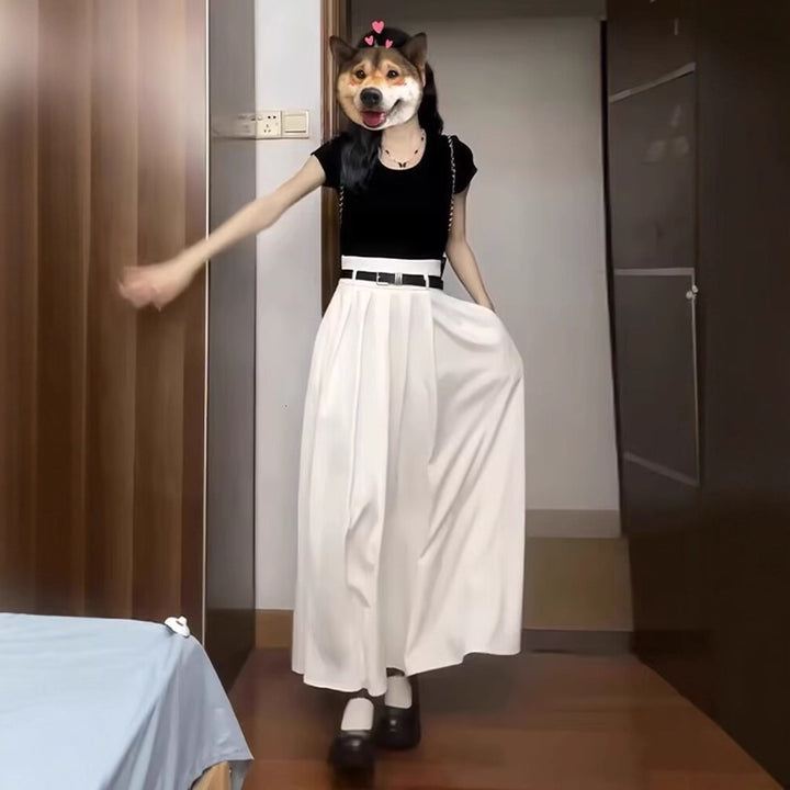 White With Belt Pleated Skirt For Women