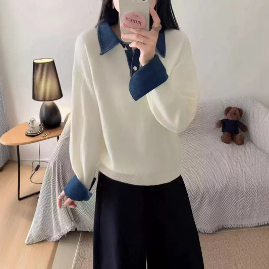 Stand collar denim cardigan