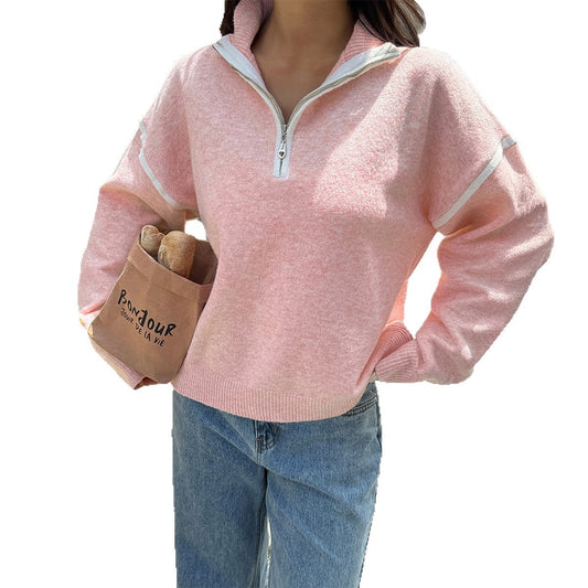 Simple Solid Color Long Sleeve Zipper Sweaters Women's Clothing