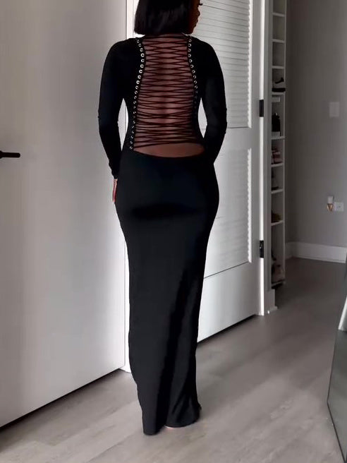 Sexy Long Sleeve Halter Maxi Dress