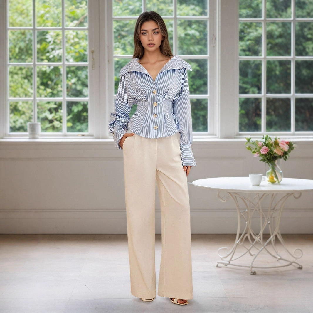 Waist-tight Fashion All-matching Striped Long-sleeved Top