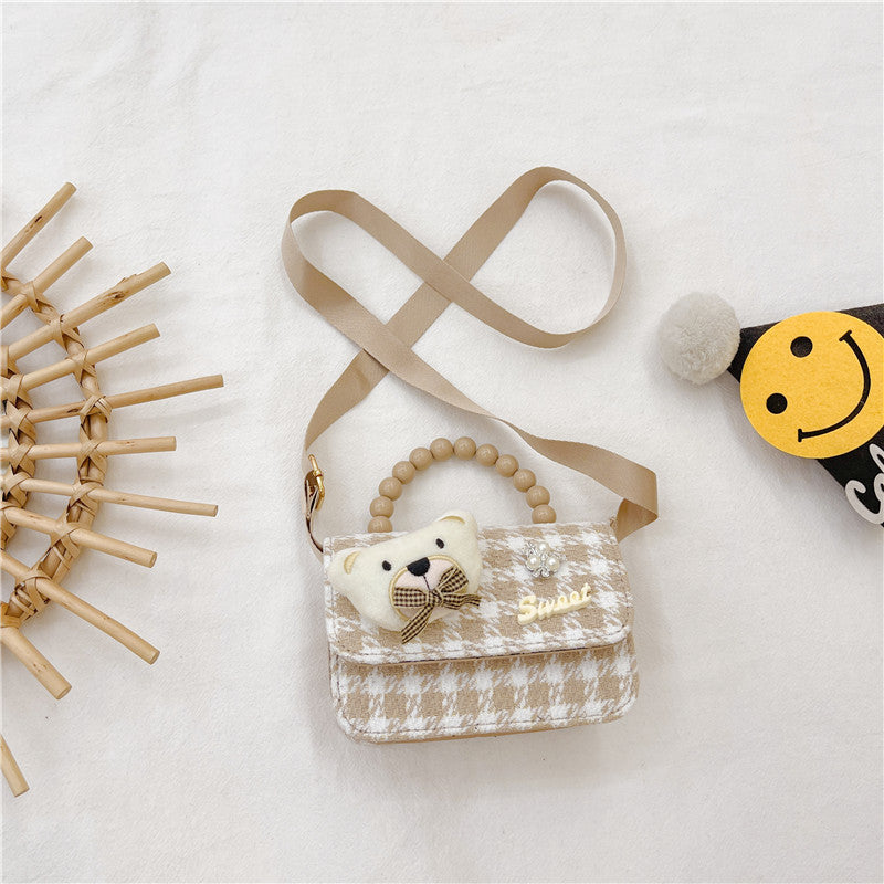 Brown Plaid Crossbody Bag Pearl Tote