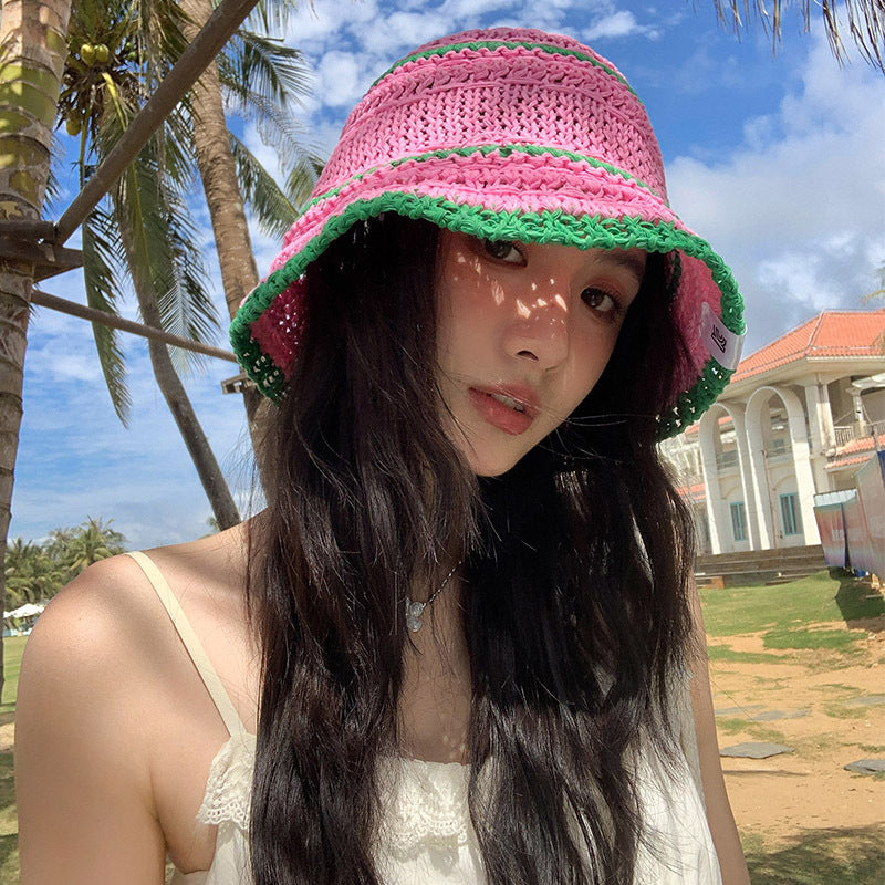 Color Matching Sweet Woven Straw Hat Female Beach Sun-proof Breathable Bucket Hat