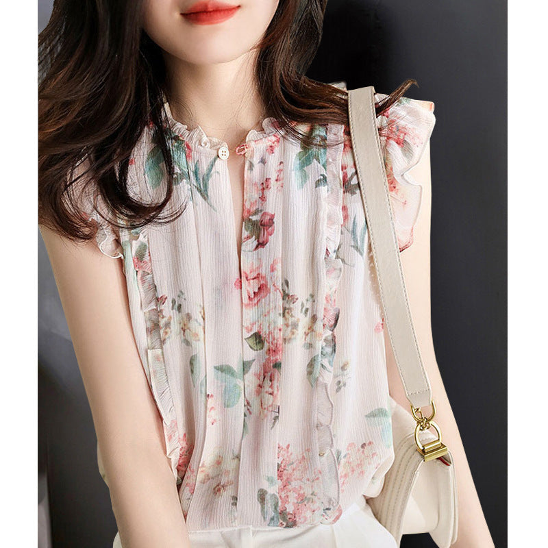 Sleeveless Ruffled Floral Women's Loose Sweet Chiffon Printed Top