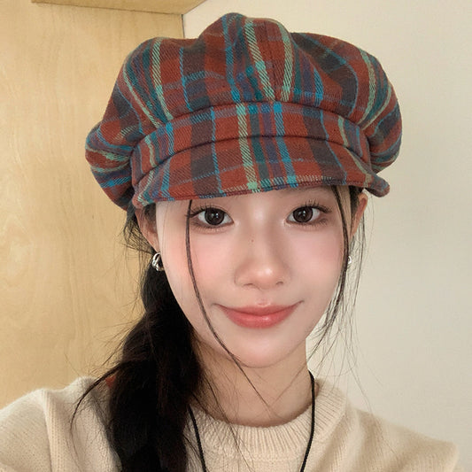 Retro Colored Plaid Clouds Beret Women