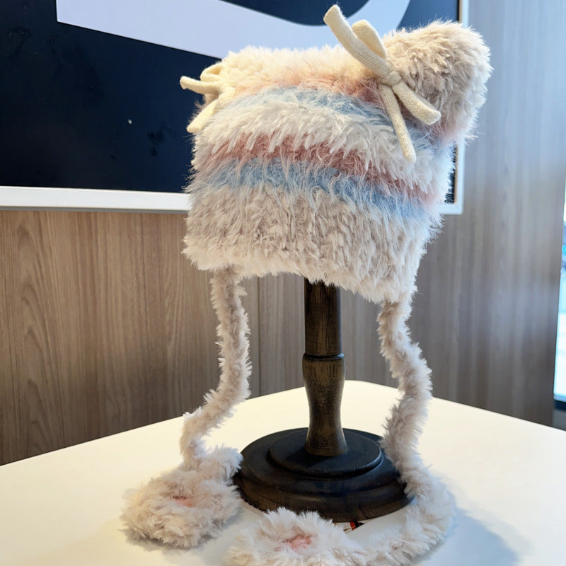 Fashion Striped Bow Plush Earmuffs Hat Women