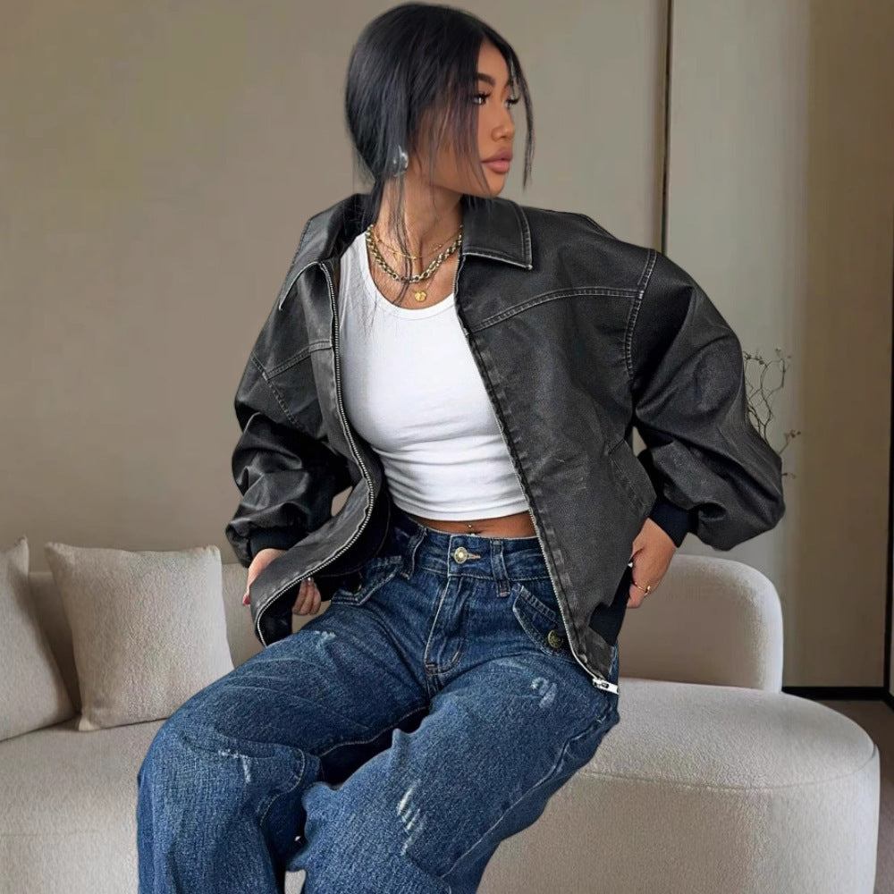 American-style Distressed Long Sleeve Leather Jacket Top