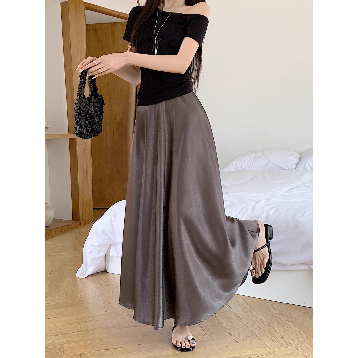 Women's Casual All-match Acetate Satin Draped Solid Skirt