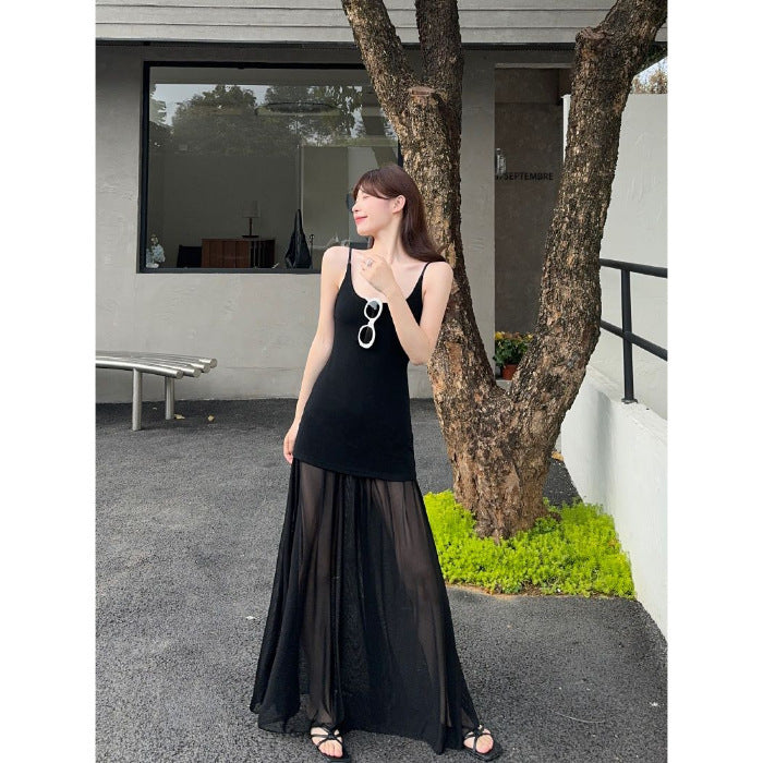 Design Mesh Stitching Suspenders Dress