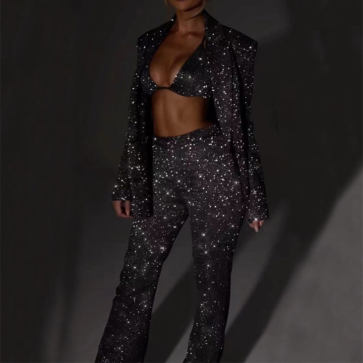 3pcs Shiny Long-sleeved Suit With Bra Lapel Blazer And Straight-leg Trousers Fashion Party Jacket Set For Women Clothing