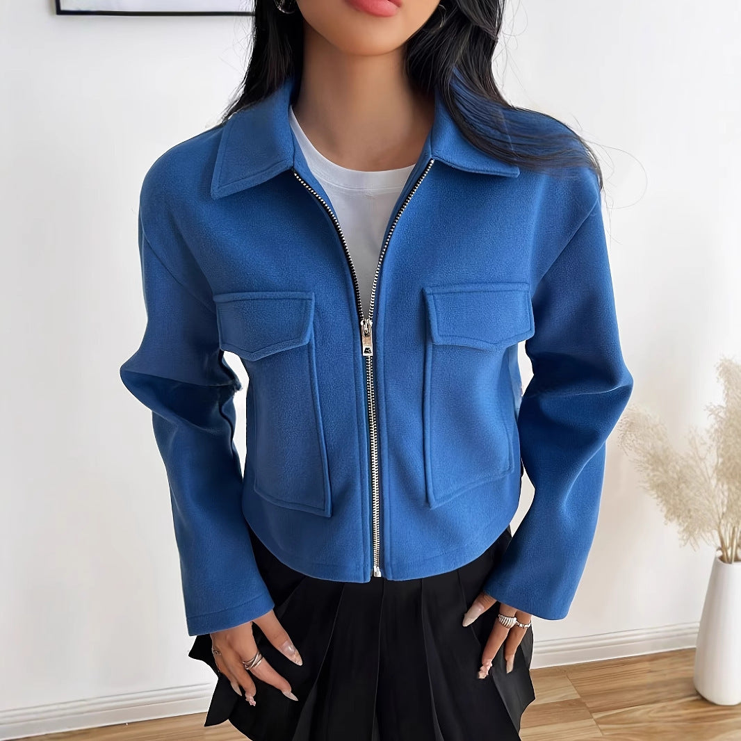 Women's Fashion Solid Color Short Autumn And Winter Long-sleeve Zipper Jacket