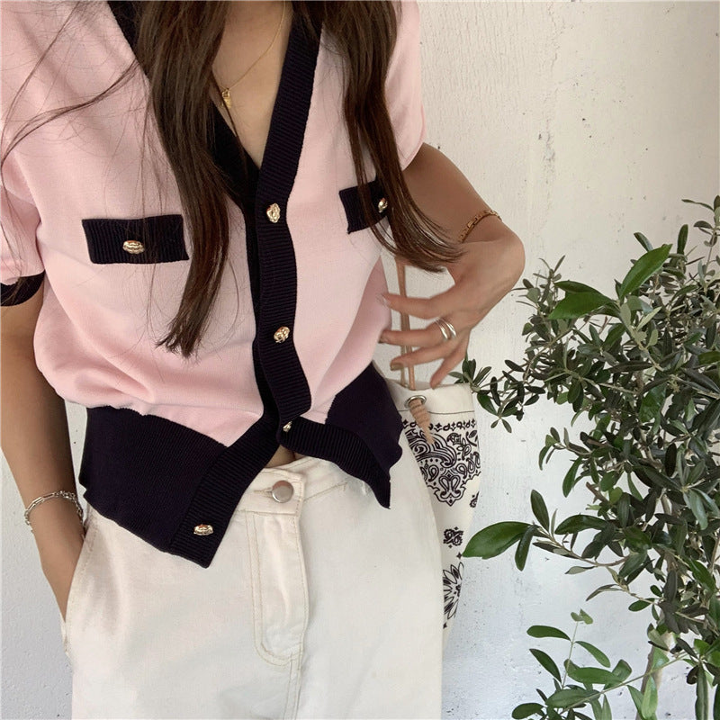 Classic Style Color Matching Ice Silk Short-style Loose Slimming Knitted Thin Top