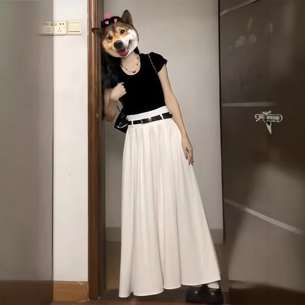 White With Belt Pleated Skirt For Women