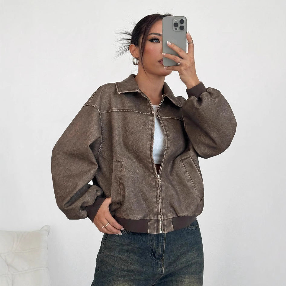 American-style Distressed Long Sleeve Leather Jacket Top