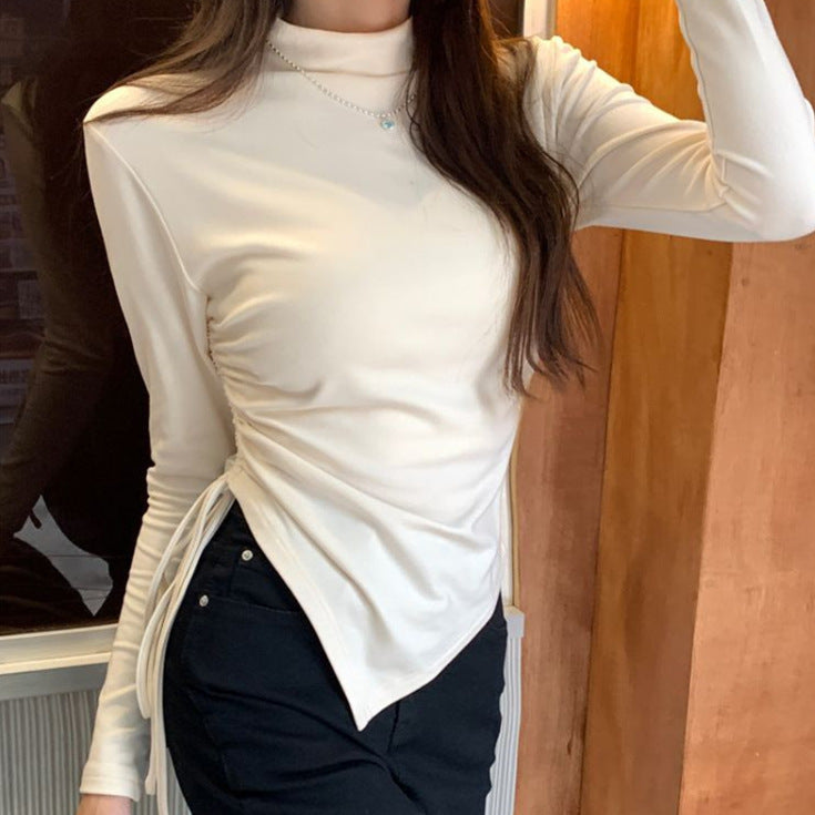 Turtleneck Long Sleeve Drawstring Ruffle Bottoming Top