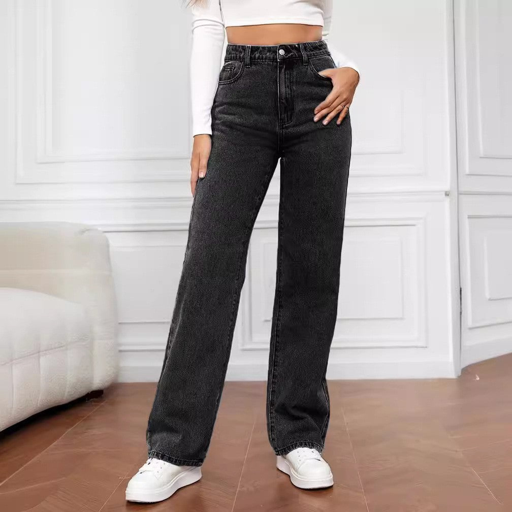 High Waist Slim Straight Denim Trousers