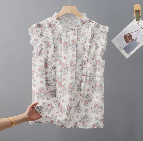 Sleeveless Ruffled Floral Women's Loose Sweet Chiffon Printed Top