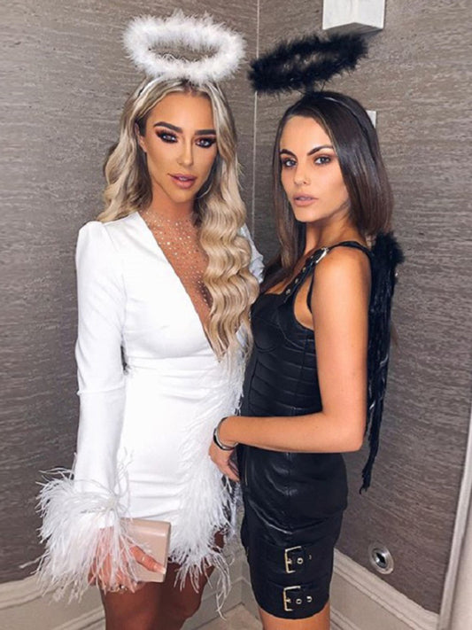 V-neckh Feather Decoration Slim Dress