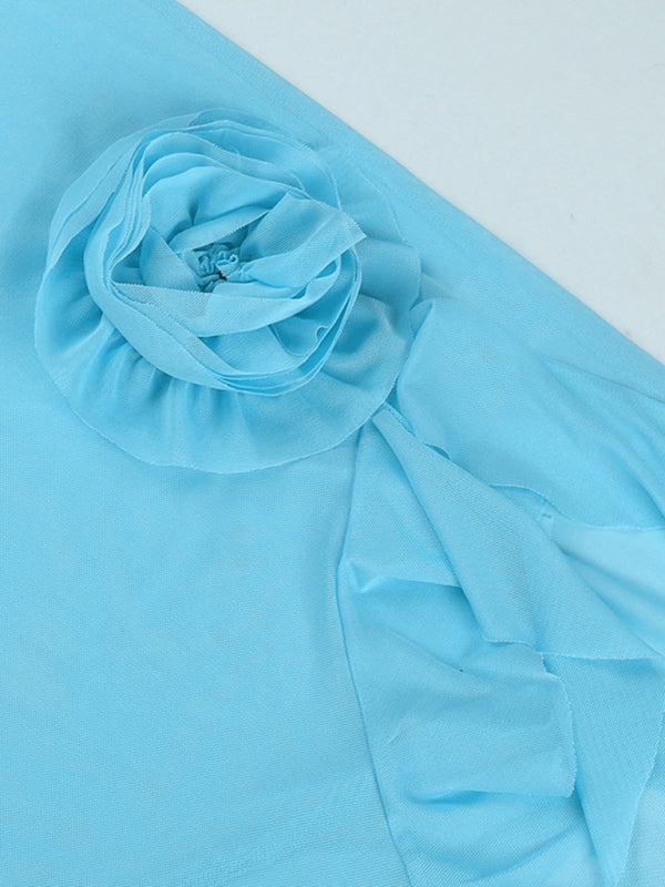 Sexy mesh see through flower tube top dress