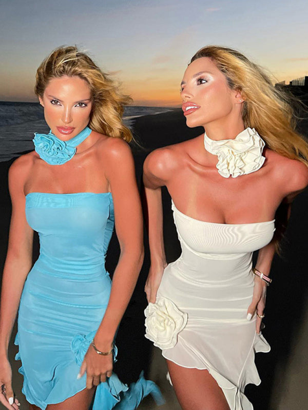 Sexy mesh see through flower tube top dress