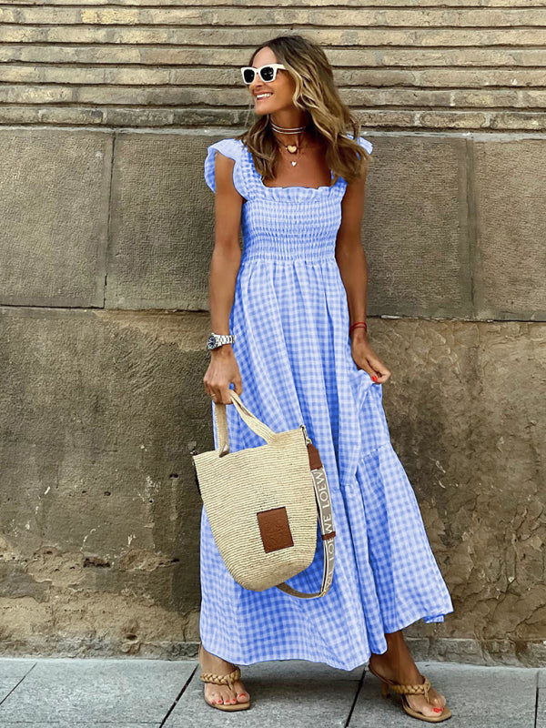 Summer Temperament Women's Collage Plaid Sling Elastic Swing Dress