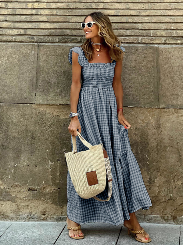 Summer Temperament Women's Collage Plaid Sling Elastic Swing Dress