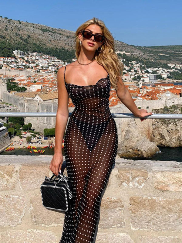 Sheer Mesh Lace Up Dress