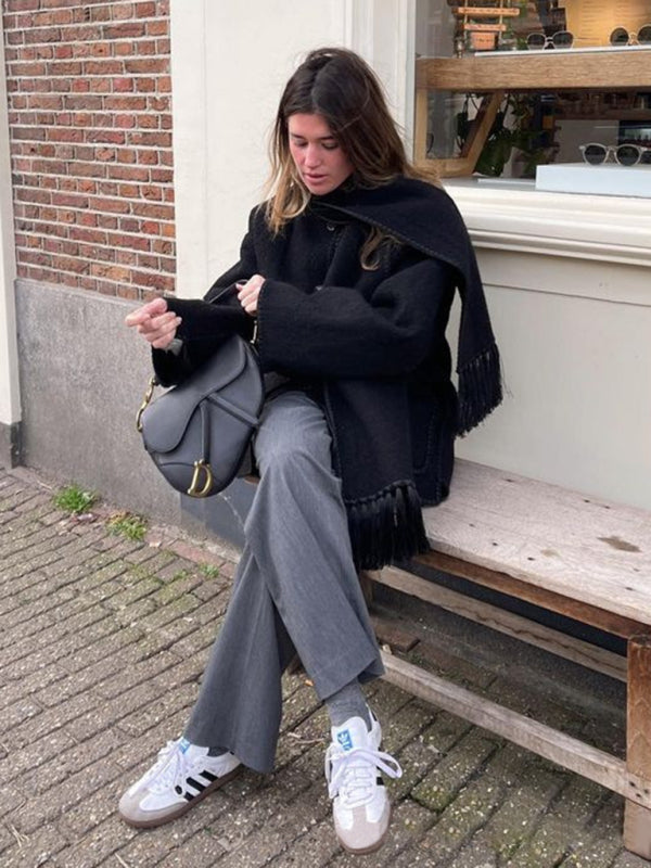 Woolen coat with scarf tassels