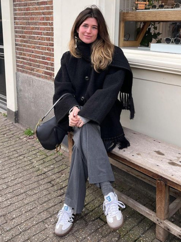 Woolen coat with scarf tassels