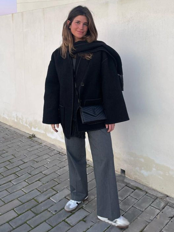 Woolen coat with scarf tassels