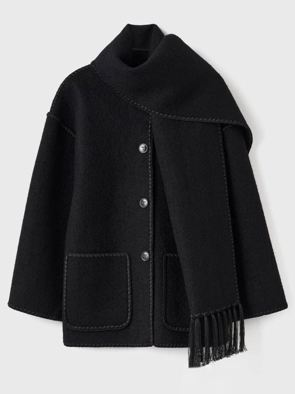 Woolen coat with scarf tassels