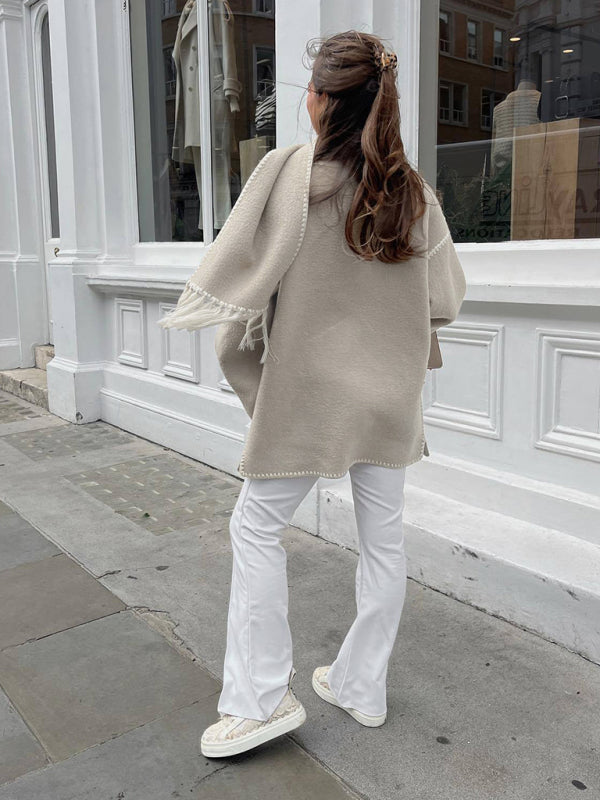 Woolen coat with scarf tassels