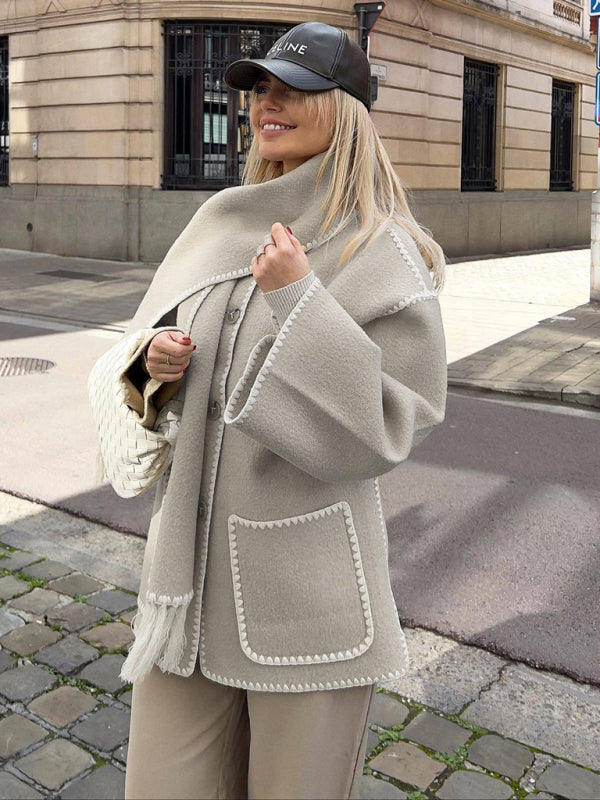 Woolen coat with scarf tassels