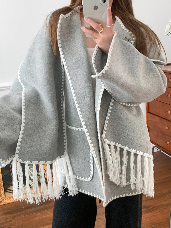 Woolen coat with scarf tassels