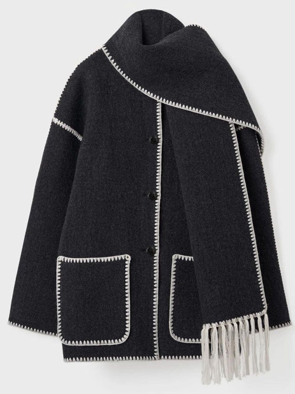 Woolen coat with scarf tassels