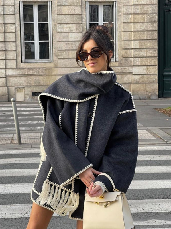 Woolen coat with scarf tassels