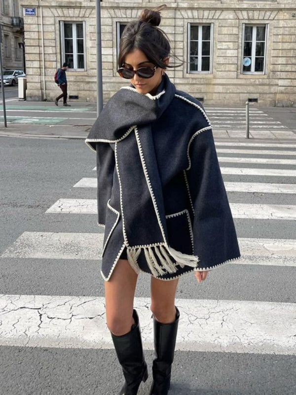 Woolen coat with scarf tassels