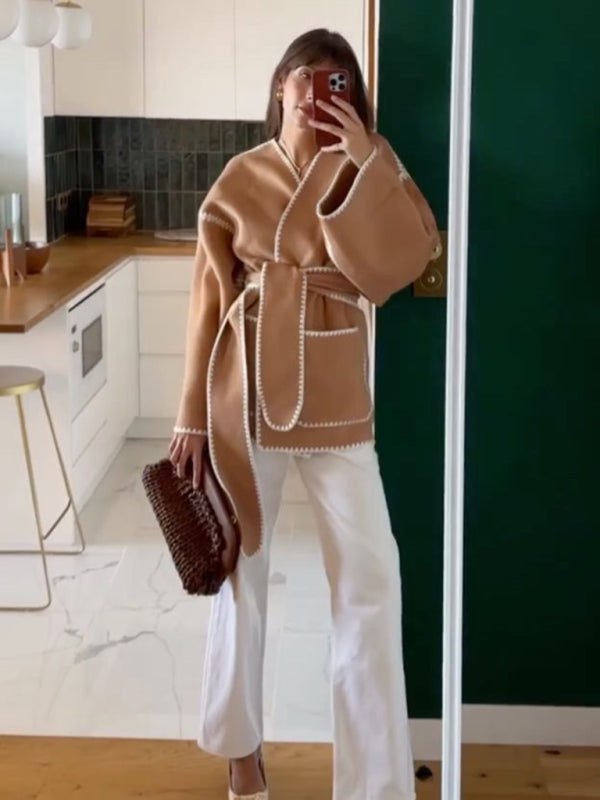 New V-neck lace-up cardigan jacket