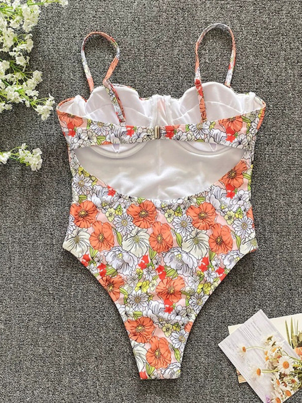 New flower one-piece low cut swimsuit
