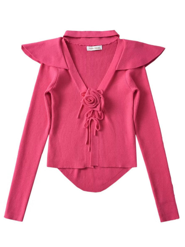 Women's new style French rose large lapel scarf knitted cardigan