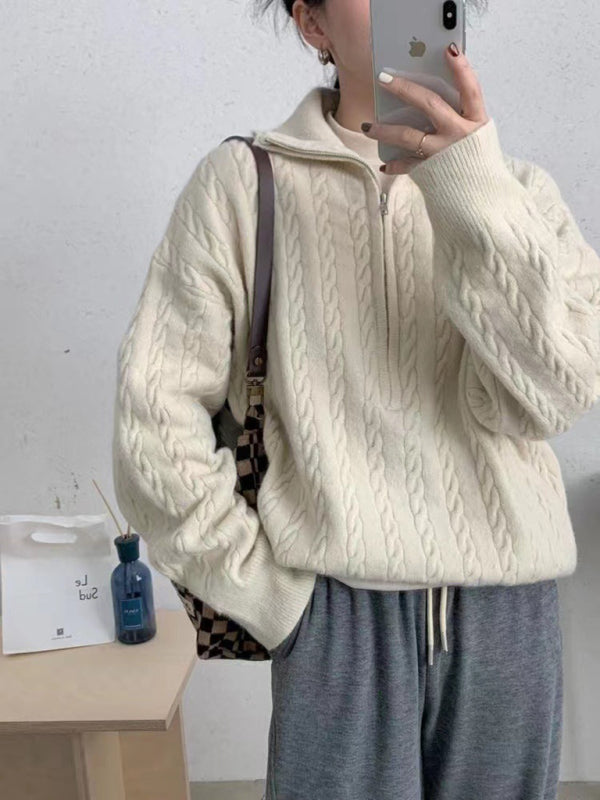 Women's casual zipper twist pullover sweater