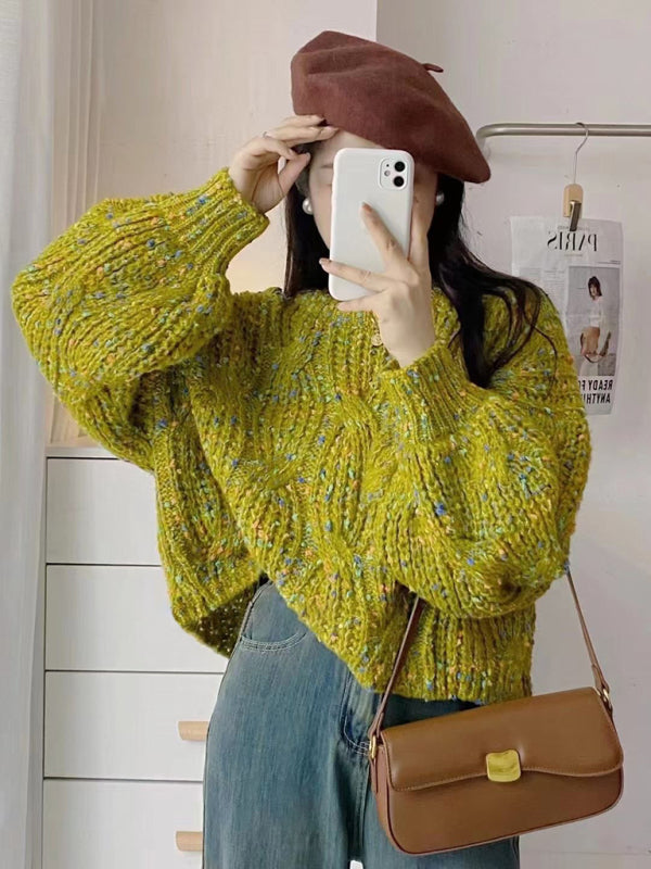 Women's color block loose twist crew neck sweater