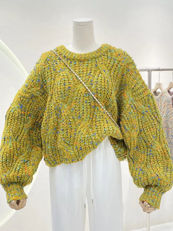 Women's color block loose twist crew neck sweater