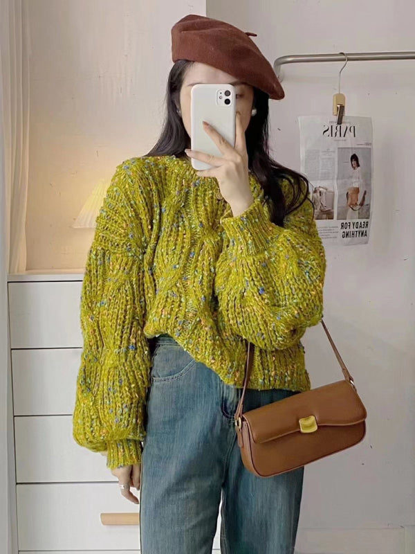 Women's color block loose twist crew neck sweater