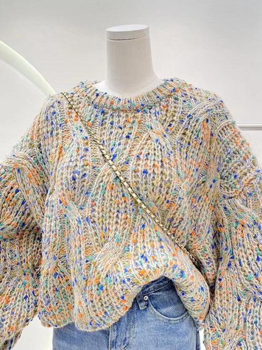 Women's color block loose twist crew neck sweater