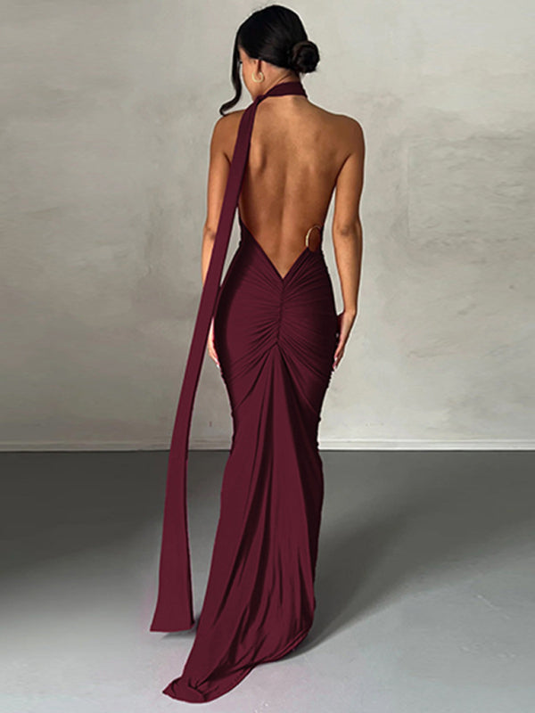 Backless pleated slim fit dress