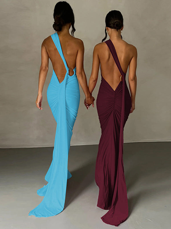 Backless pleated slim fit dress