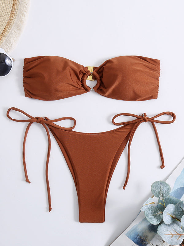 Solid Color Strappy Swimsuit Split Bikini