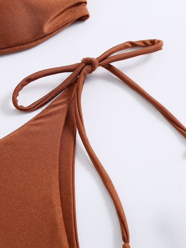 Solid Color Strappy Swimsuit Split Bikini